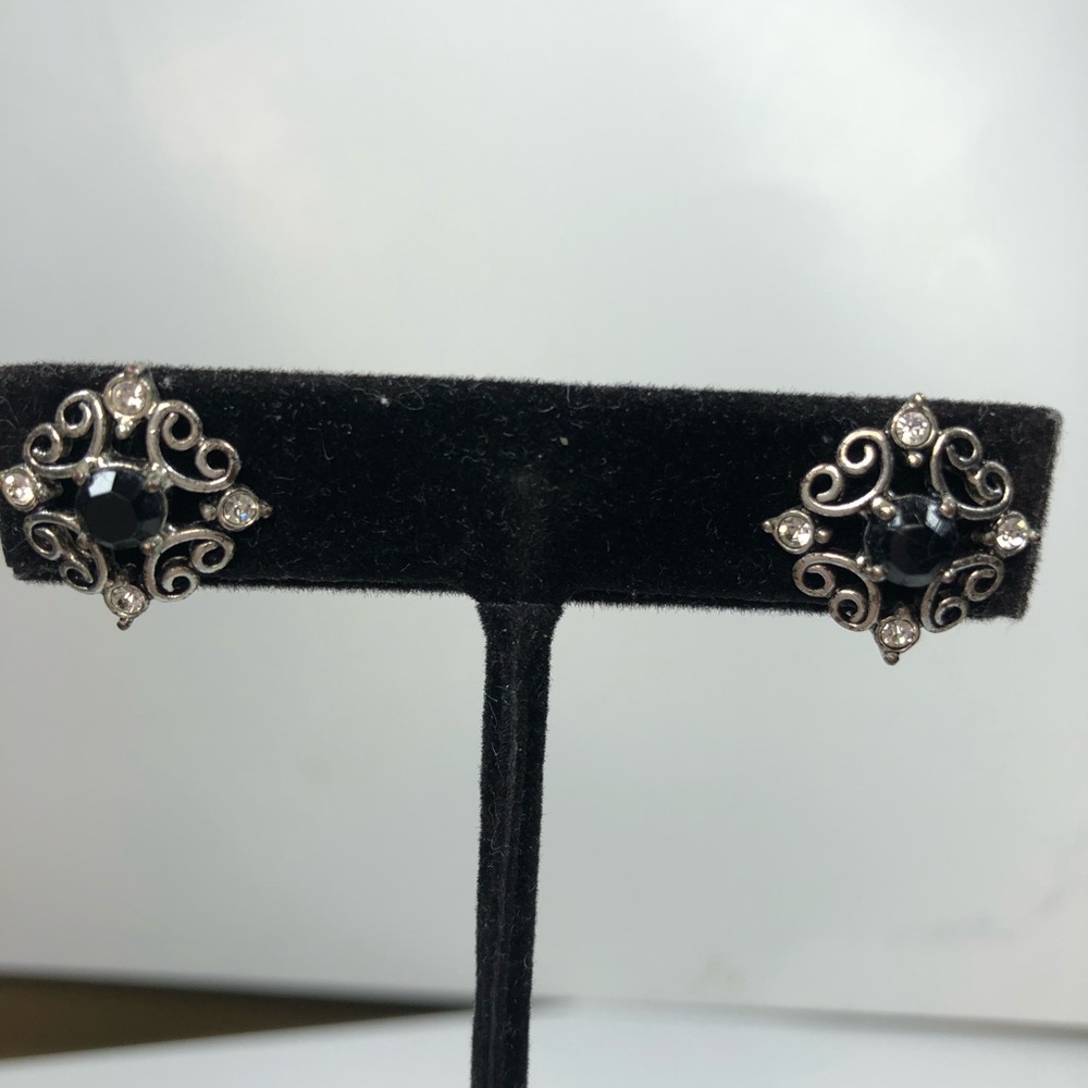 Silver Tone And Black and Clear Rhinestone Pierced Earrings